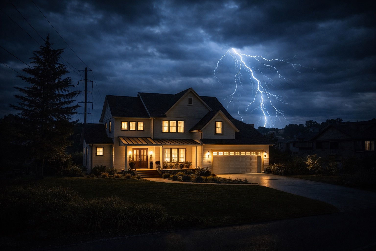 Home with lights on during power outage and lightning storm — EP Cube battery backup keeps your home powered