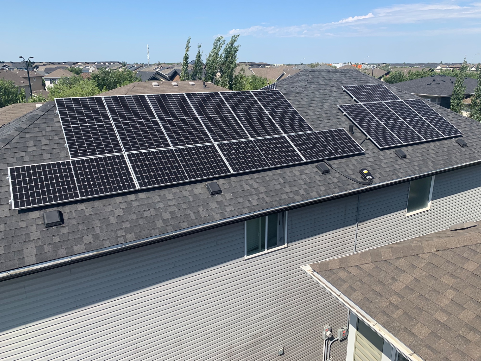 Aerial view of Ali's solar panel installation on his North Edmonton home by Stellar Upgrades